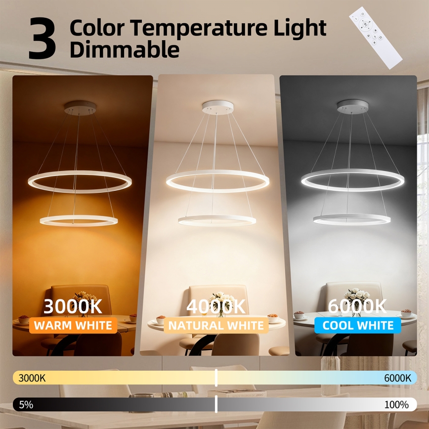 Brilagi - LED dæmpbar pendel på wire PORTOFINO LED/98W/230V 3000-6000K Ø 80 cm hvid + fjernbetjening