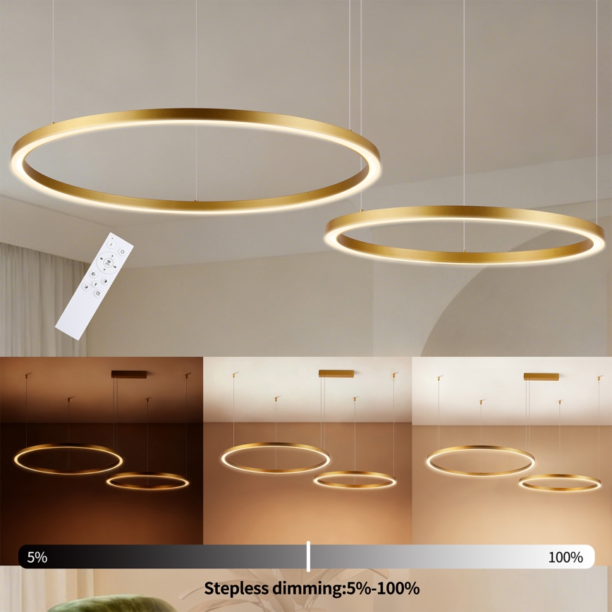 Brilagi - Dæmpbar LED-pendel på wire PORTOFINO LED/98W/230V 3000-6000K guld + fjernbetjening