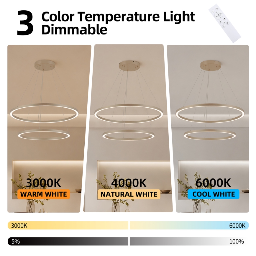 Brilagi - Dæmpbar LED-pendel med wireophæng PORTOFINO LED/98W/230V 3000-6000K Ø 80 cm beige + fjernbetjening