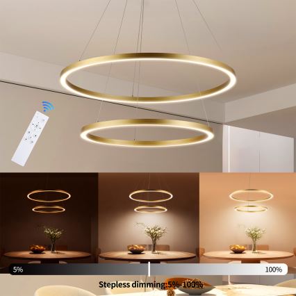 Brilagi - LED-dæmpbar pendel med wireophæng PORTOFINO LED/98W/230V 3000-6000K Ø 80 cm guldfarvet + fjernbetjening
