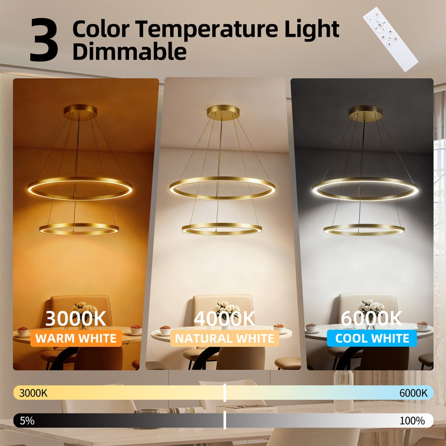 Brilagi - LED-dæmpbar pendel med wireophæng PORTOFINO LED/98W/230V 3000-6000K Ø 80 cm guldfarvet + fjernbetjening