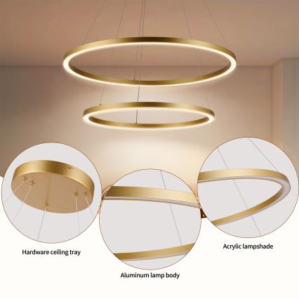 Brilagi - LED-dæmpbar pendel med wireophæng PORTOFINO LED/98W/230V 3000-6000K Ø 80 cm guldfarvet + fjernbetjening