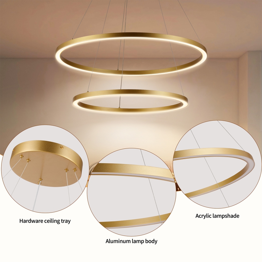Brilagi - LED-dæmpbar pendel med wireophæng PORTOFINO LED/98W/230V 3000-6000K Ø 80 cm guldfarvet + fjernbetjening