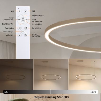 Brilagi - PORTOFINO LED-dæmpbar pendel på wire LED/60W/230V 3000-6000K Ø 80 cm beige + fjernbetjening
