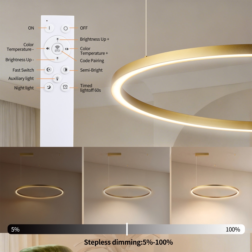 Brilagi - Dæmpbar LED-pendel i wireophæng PORTOFINO LED/60W/230V 3000-6000K Ø 80 cm guld + fjernbetjening