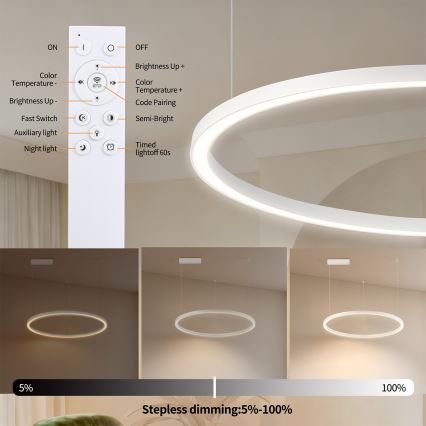 Brilagi - LED-dæmpbar pendel med kabelophæng PORTOFINO LED/60W/230V 3000-6000K Ø 80 cm hvid + fjernbetjening