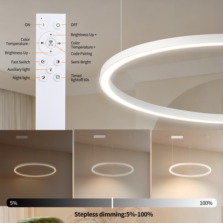 Brilagi - LED-dæmpbar pendel med kabelophæng PORTOFINO LED/60W/230V 3000-6000K Ø 80 cm hvid + fjernbetjening