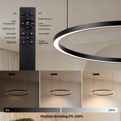 Brilagi - LED dæmpbar pendel på kabel PORTOFINO LED/60W/230V 3000-6000K Ø 80 cm sort + fjernbetjening