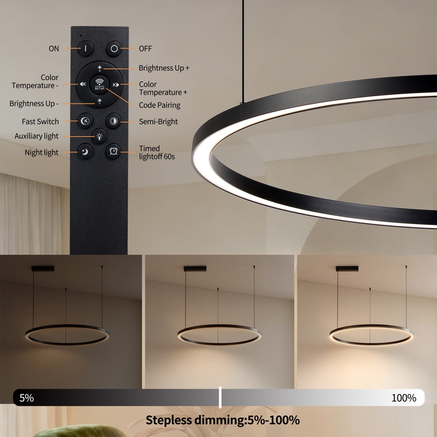 Brilagi - LED dæmpbar pendel på kabel PORTOFINO LED/60W/230V 3000-6000K Ø 80 cm sort + fjernbetjening