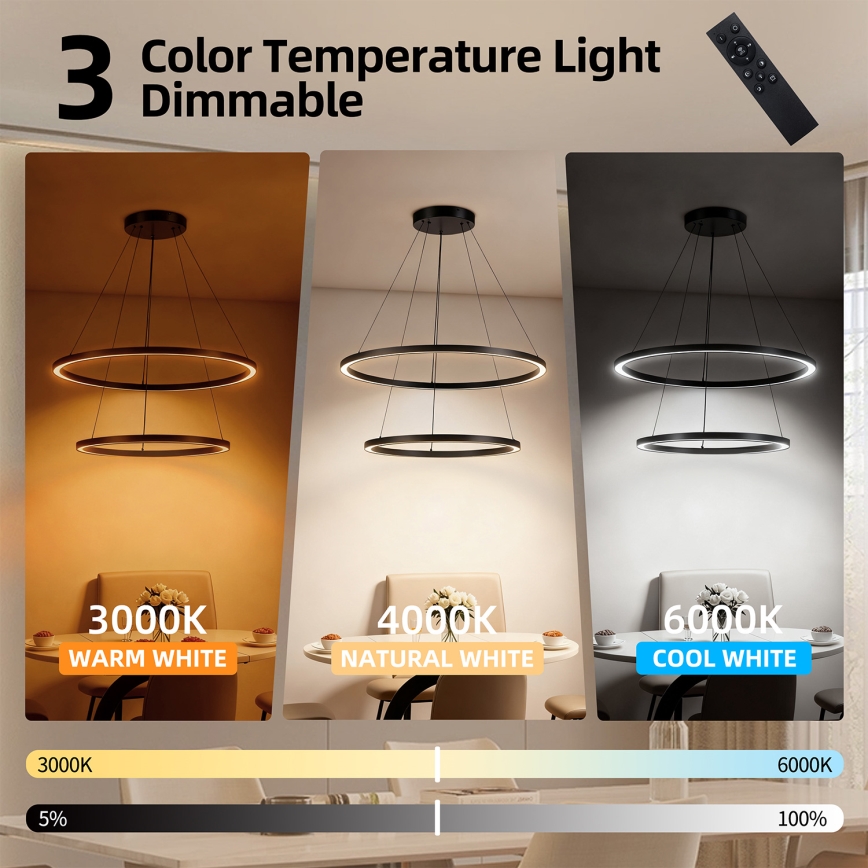 Brilagi - LED dæmpbar pendel på wire PORTOFINO LED/98W/230V 3000-6000K Ø 80 cm sort + fjernbetjening