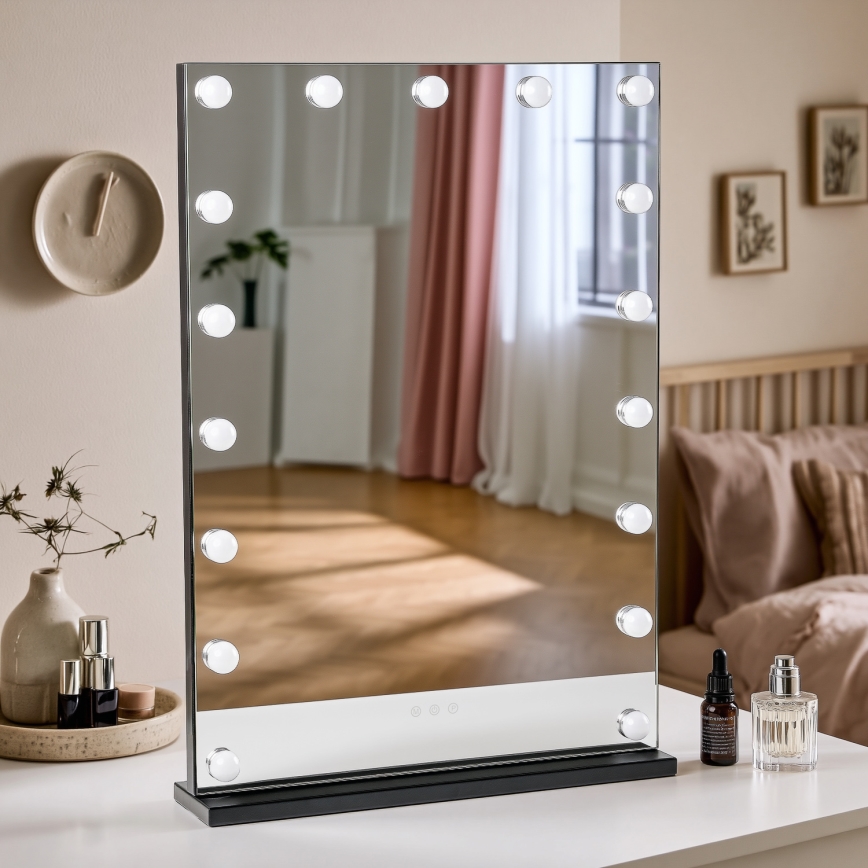 BRILAGI - Dæmpbart makeup-spejl HOLLYWOOD LED/15W/230V CCT + 2x USB 55x77 cm sort