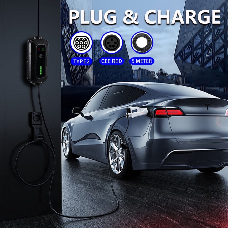 Brilagi - EV-ladestation til elbiler FAST AC Type 2 16A/380V 11kW + stik 230V, 3,7kW 5m + etui