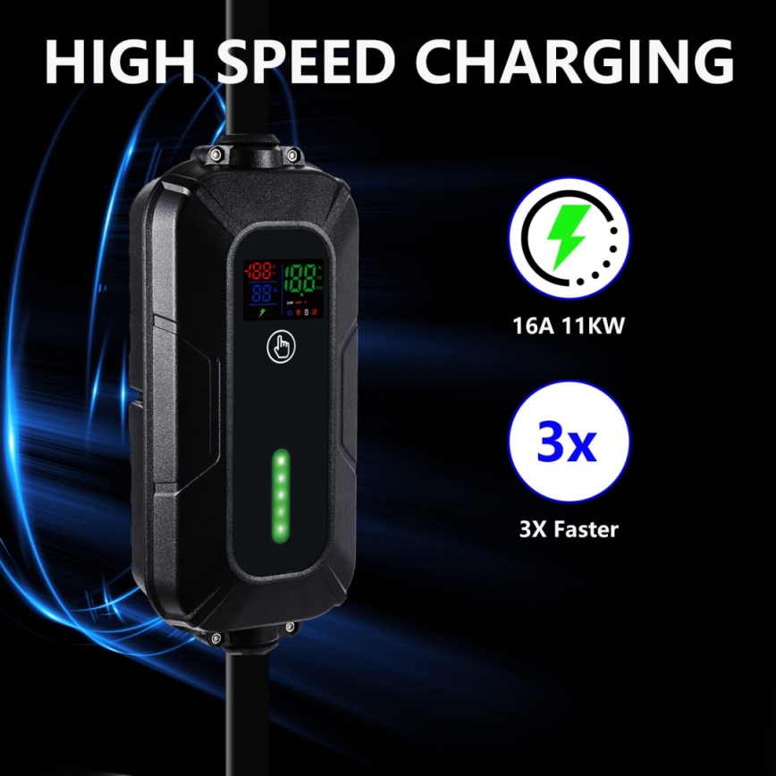 Brilagi - EV-ladestation til elbiler FAST AC Type 2 16A/380V 11kW + stik 230V, 3,7kW 5m + etui