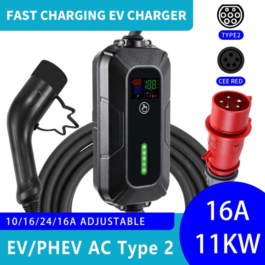 Brilagi - EV-ladestation til elbiler FAST AC Type 2 16A/380V 11kW + stik 230V, 3,7kW 5m + etui