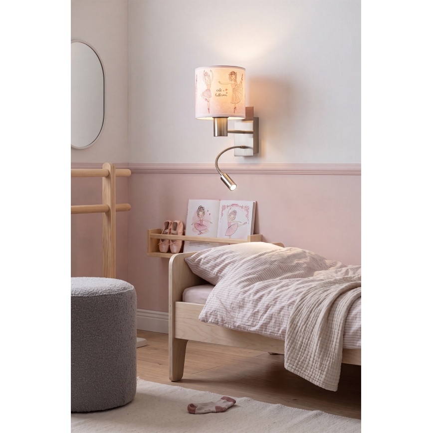 Brilagi - LED fleksibel børnevæglampe BOBO 1xE27/25W/230V + LED/3W mat krom/hvid/lyserød/balletmotiver