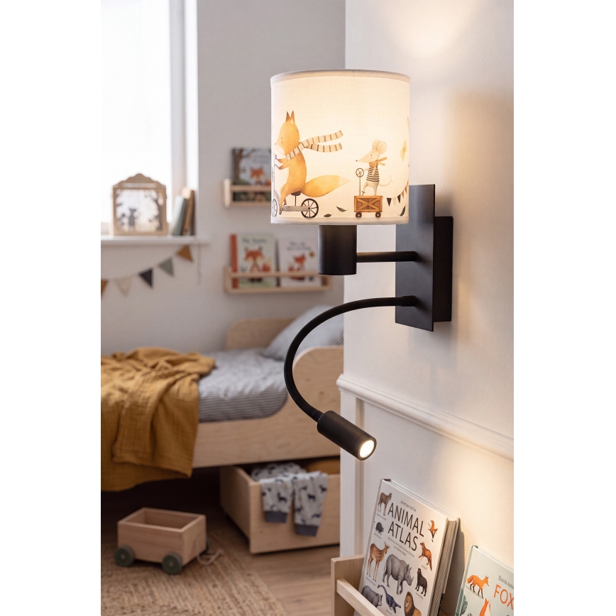 Brilagi - LED fleksibel væglampe til børn BOBO 1xE27/25W/230V + LED/3W sort/hvid/med dyremotiv