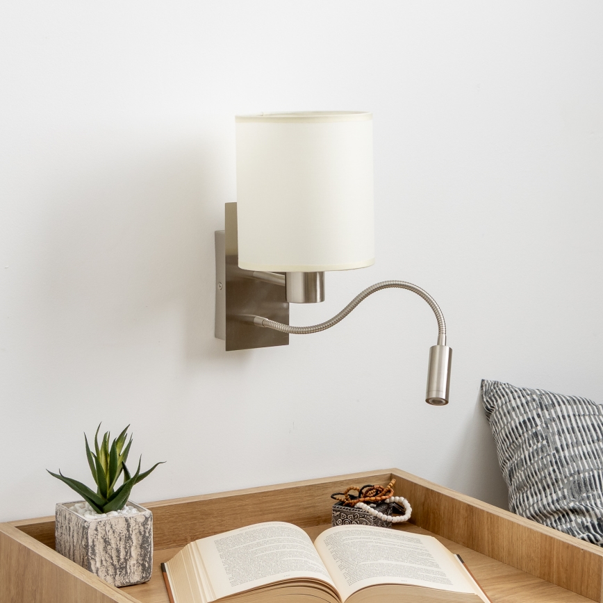 Brilagi - Fleksibel LED væglampe NUBILA 1xE27/25W/230V + LED/3W mat krom/cremefarvet
