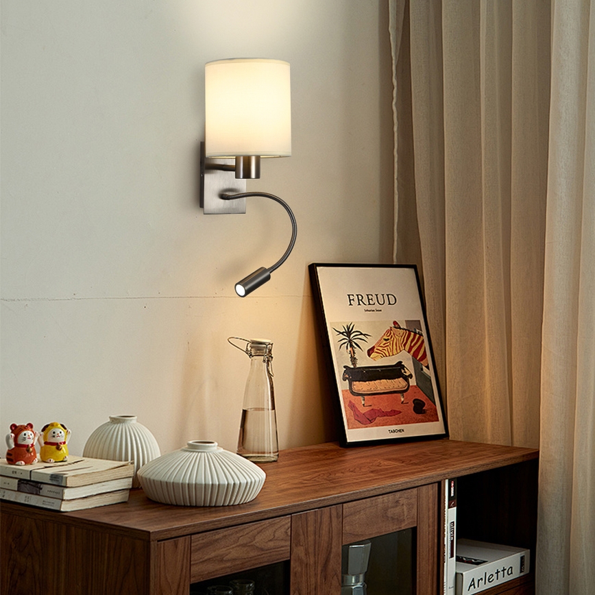 Brilagi - Fleksibel LED væglampe NUBILA 1xE27/25W/230V + LED/3W mat krom/cremefarvet