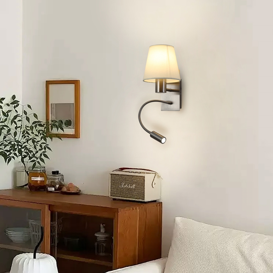 Brilagi - Fleksibel LED væglampe NUBILA 1xE27/25W/230V + LED/3W mat krom/cremefarvet
