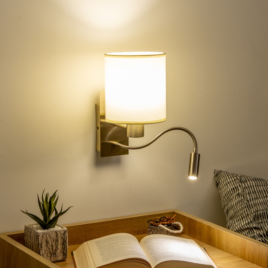 Brilagi - Fleksibel LED væglampe NUBILA 1xE27/25W/230V + LED/3W messing/cremefarvet