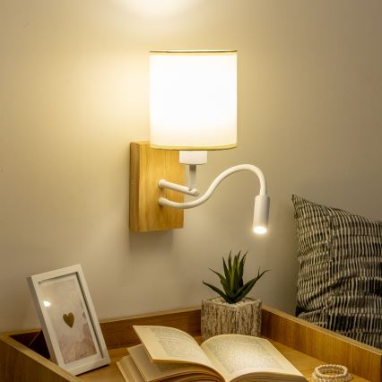 Brilagi - Fleksibel LED væglampe NUBILA WOOD 1xE27/25W/230V + LED/3W eg/hvid/cremefarvet