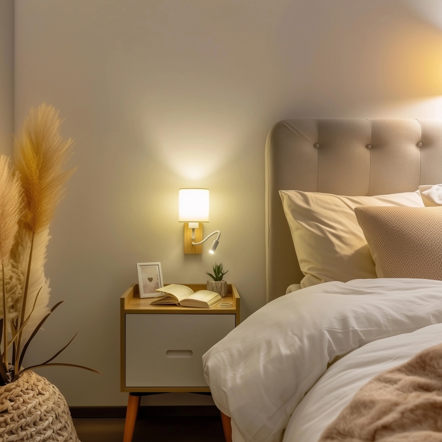 Brilagi - Fleksibel LED væglampe NUBILA WOOD 1xE27/25W/230V + LED/3W eg/hvid/cremefarvet