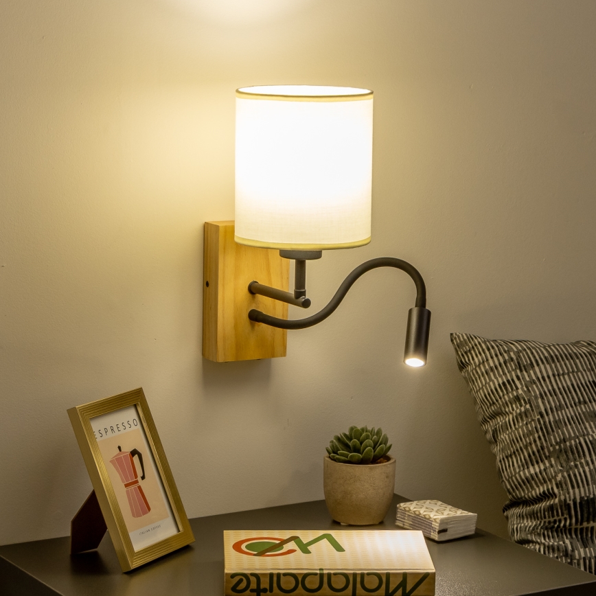 Brilagi - Fleksibel LED væglampe NUBILA WOOD 1xE27/25W/230V + LED/3W eg/sort/cremefarvet