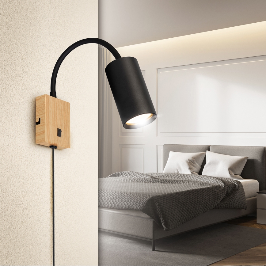 Brilagi - Justerbar væglampe med afbryder SELE 1xGU10/30W/230V sort/eg-dekor