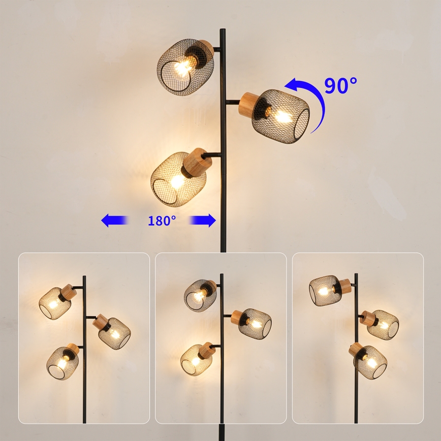 Brilagi - Gulvlampe BASKLITE 3xE27/15W/230V gummitræ/sort
