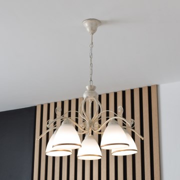 Brilagi - Kædeophængt LED-lysekrone ANTICO 5xE27/60W/230V 3000K hvid patina
