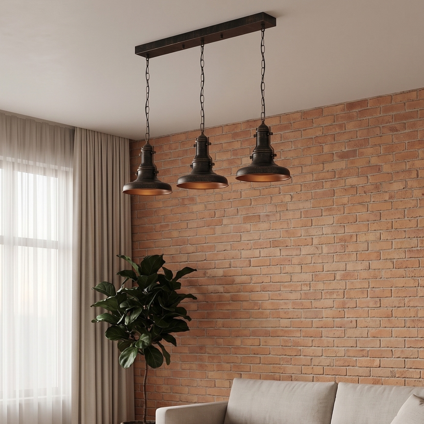 Brilagi - Kædeophængt lysekrone PYRONIC 3xE27/40W/230V bronze/patina