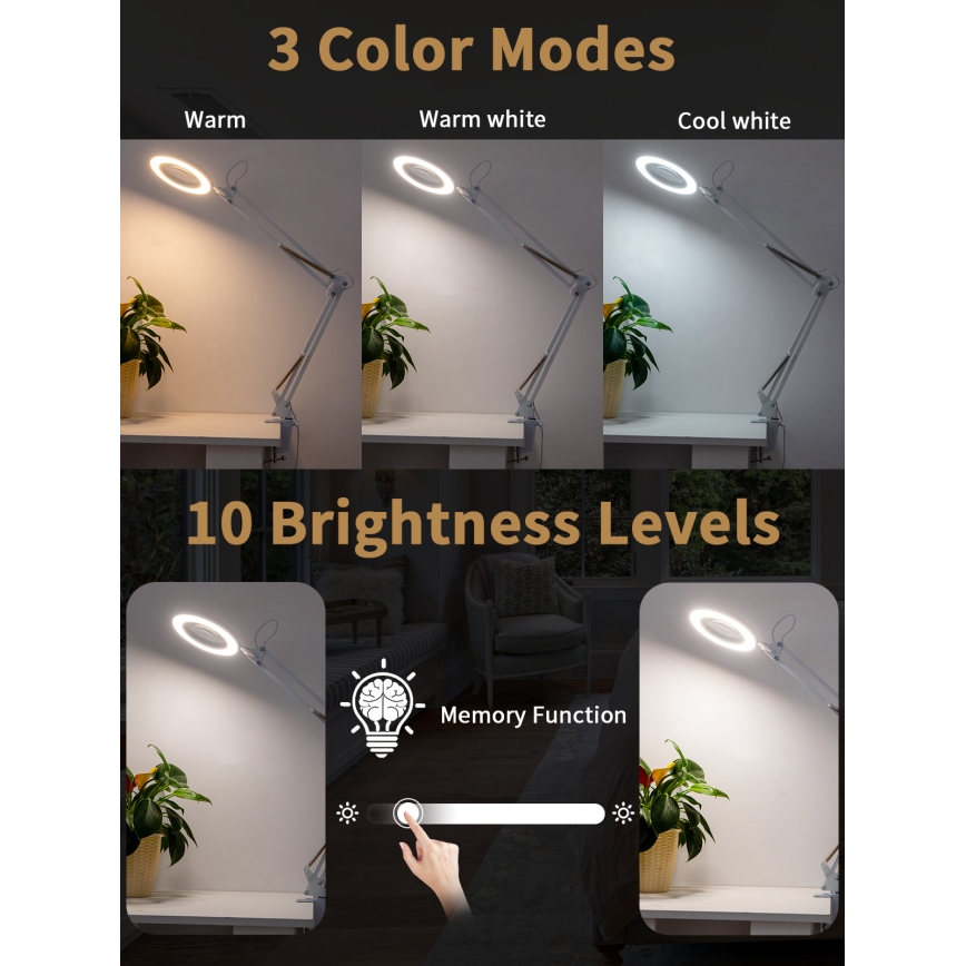 Brilagi - LED bordlampe dæmpbar med forstørrelsesglas LENS LED/12W/5V 3000/4200/6000K hvid