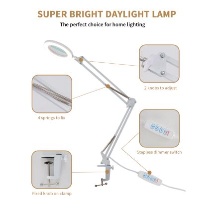 Brilagi - LED bordlampe dæmpbar med forstørrelsesglas LENS LED/12W/5V 3000/4200/6000K hvid