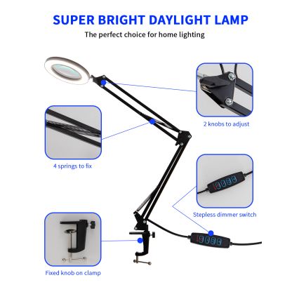 Brilagi - LED bordlampe dæmpbar med forstørrelsesglas LENS LED/12W/5V 3000/4200/6000K sort