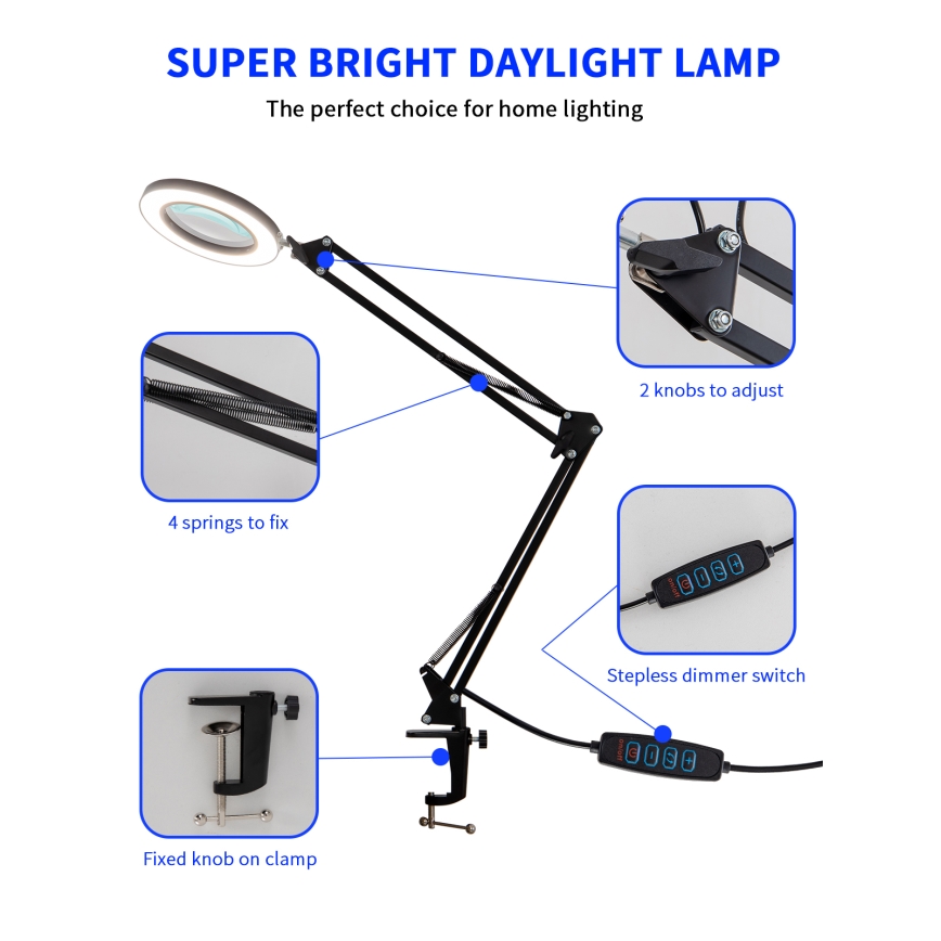 Brilagi - LED bordlampe dæmpbar med forstørrelsesglas LENS LED/12W/5V 3000/4200/6000K sort