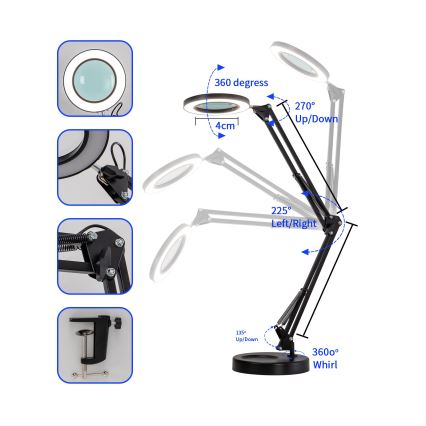 Brilagi - LED bordlampe dæmpbar med forstørrelsesglas LENS LED/12W/5V 3000/4200/6000K sort