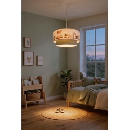 Brilagi - LED børnependel på wire BOBO 1xE27/10W/230V Ø 40 cm hvid/grøn/dyremotiver