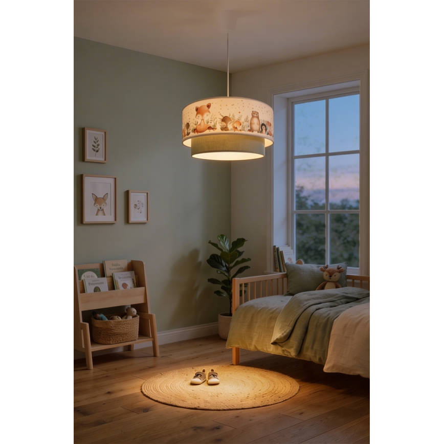 Brilagi - LED børnependel på wire BOBO 1xE27/10W/230V Ø 40 cm hvid/grøn/dyremotiver