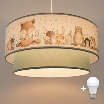 Brilagi - LED børnependel med wire BOBO 1xE27/60W/230V Ø 40 cm hvid/grøn/med dyremotiv