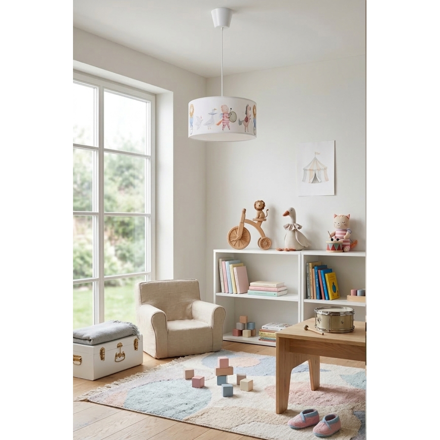 Brilagi - LED børnependel med wireophæng BOBO 1xE27/60W/230V Ø 35 cm hvid/med dyremotiv