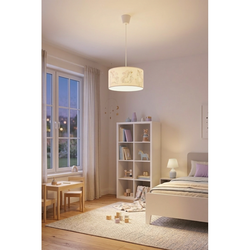 Brilagi - LED børnependel på ledning BOBO 1xE27/10W/230V Ø35 cm hvid/enhjørninger