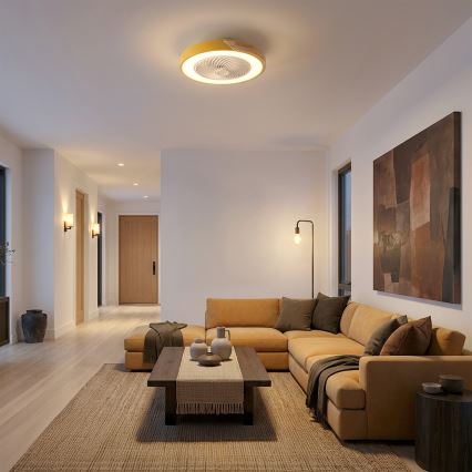 Brilagi - Dæmpbar LED-loftlampe med ventilator, LED 38 W, 230 V, 3000–6500 K, Ø 50 cm, guld/eg, med fjernbetjening