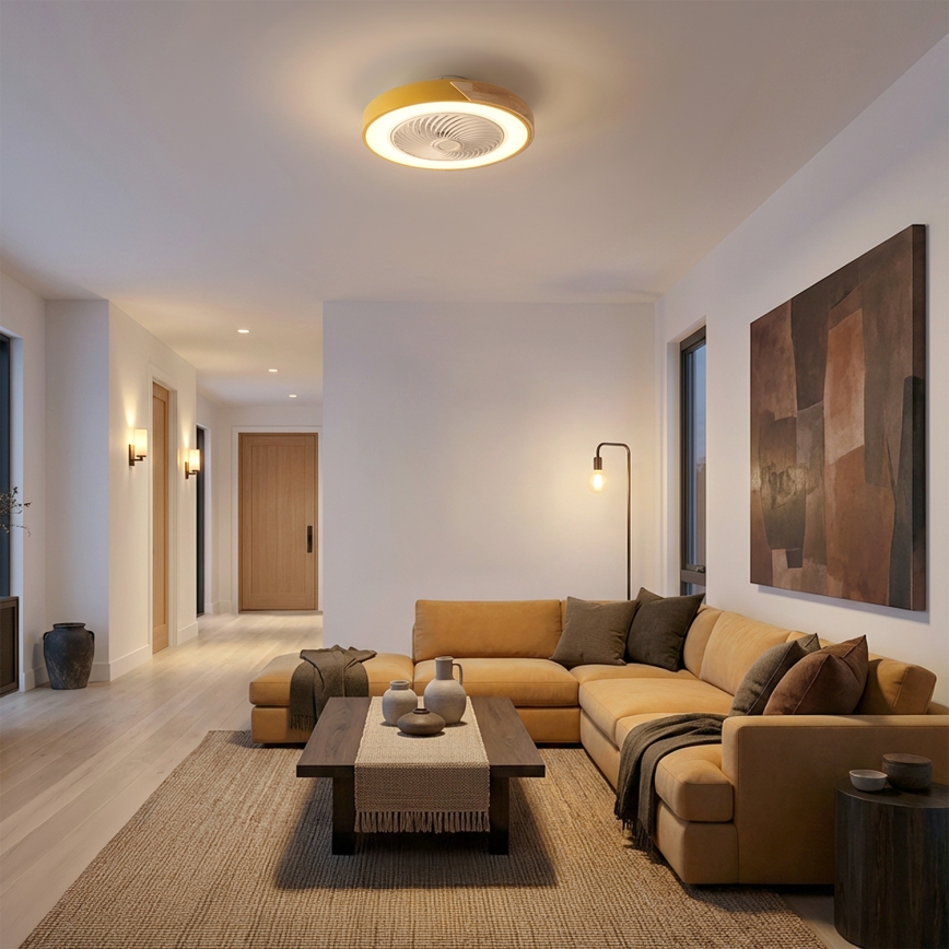 Brilagi - Dæmpbar LED-loftlampe med ventilator, LED 38 W, 230 V, 3000–6500 K, Ø 50 cm, guld/eg, med fjernbetjening