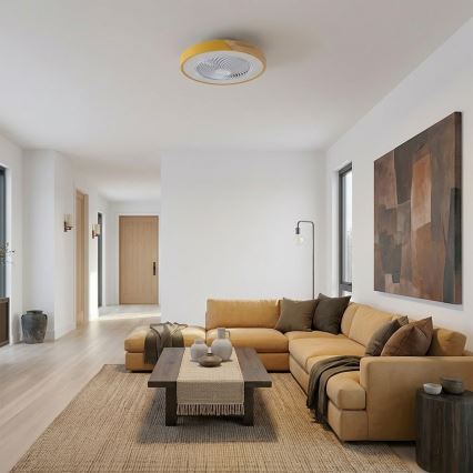 Brilagi - Dæmpbar LED-loftlampe med ventilator, LED 38 W, 230 V, 3000–6500 K, Ø 50 cm, guld/eg, med fjernbetjening