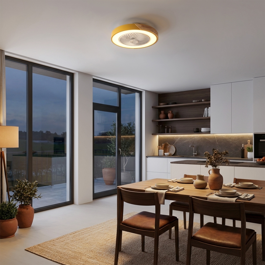 Brilagi - Dæmpbar LED-loftlampe med ventilator, LED 38 W, 230 V, 3000–6500 K, Ø 50 cm, guld/eg, med fjernbetjening