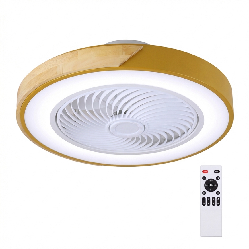 Brilagi - Dæmpbar LED-loftlampe med ventilator, LED 38 W, 230 V, 3000–6500 K, Ø 50 cm, guld/eg, med fjernbetjening