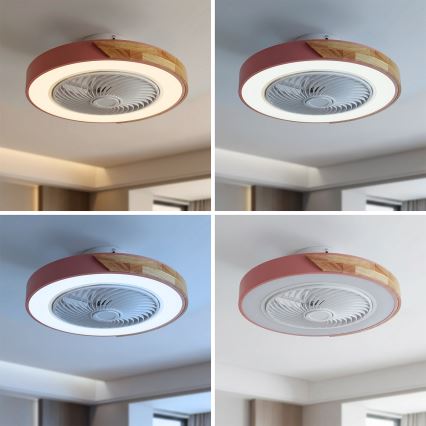 Brilagi - LED-dæmpbar loftlampe med ventilator, LED 38W, 230V, 3000–6500K, Ø 50 cm, rosa/eg + fjernbetjening