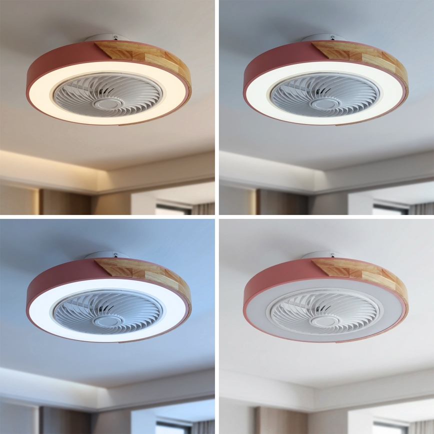 Brilagi - LED-dæmpbar loftlampe med ventilator, LED 38W, 230V, 3000–6500K, Ø 50 cm, rosa/eg + fjernbetjening