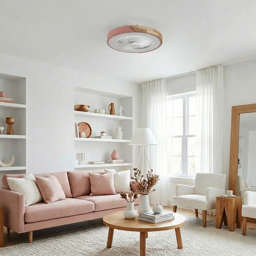 Brilagi - LED-dæmpbar loftlampe med ventilator, LED 38W, 230V, 3000–6500K, Ø 50 cm, rosa/eg + fjernbetjening