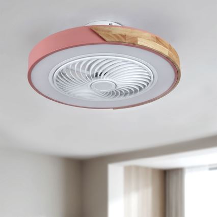 Brilagi - LED-dæmpbar loftlampe med ventilator, LED 38W, 230V, 3000–6500K, Ø 50 cm, rosa/eg + fjernbetjening
